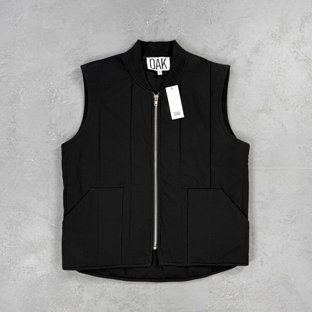 NWT OAK NYC Black Cotton Twill Zip Front Padded Vest Size 2, Medium